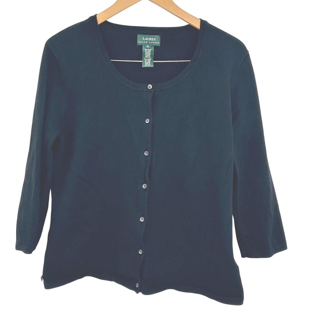 Lauren Ralph Lauren Womens Cardigan XL Black 3/4 Sleeve Cotton Knit Preppy